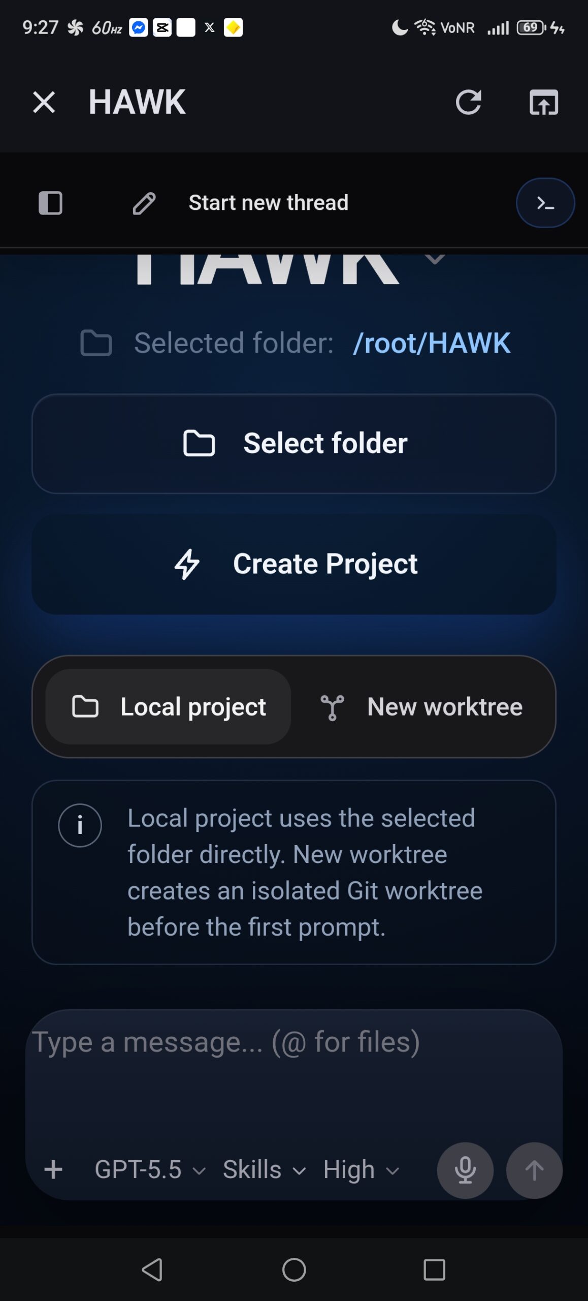 HAWK local project workflow screen