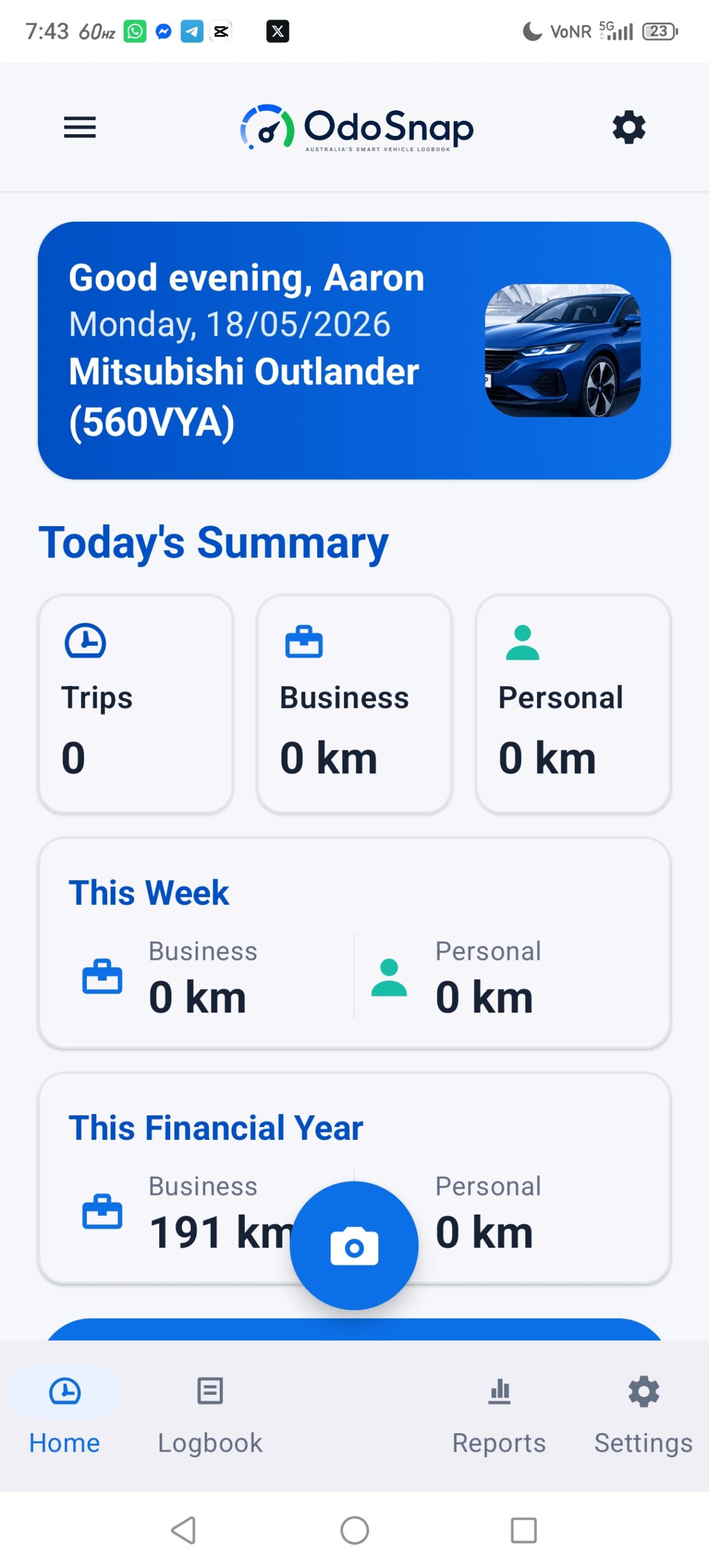 OdoSnap home dashboard prototype screenshot